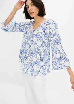bonprix Bekleidung·Jacken & Mäntel|Blusen & Tuniken^Tunikabluse aus strukturierter Viskose weiß/blau floral