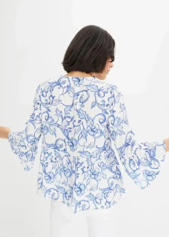 bonprix Bekleidung·Jacken & Mäntel|Blusen & Tuniken^Tunikabluse aus strukturierter Viskose weiß/blau floral