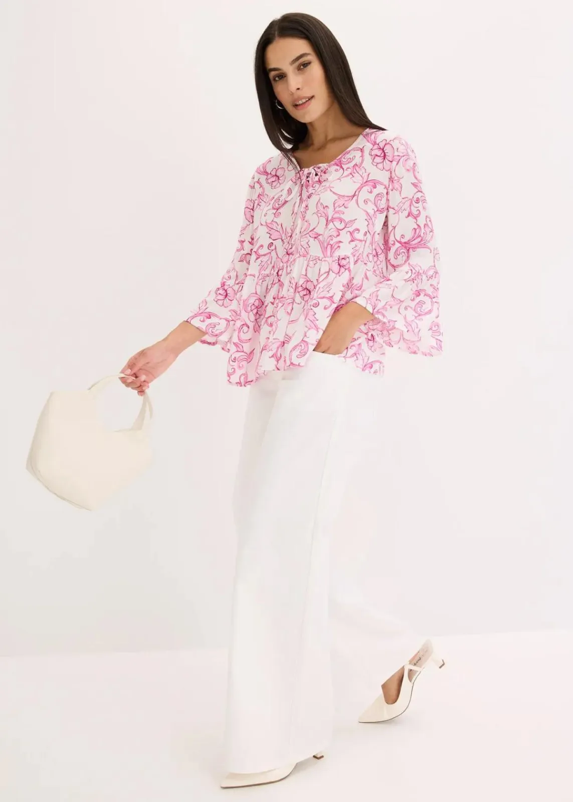 bonprix Nachhaltigere Materialien|Blusen & Tuniken^Tunikabluse aus strukturierter Viskose weiß/pink floral