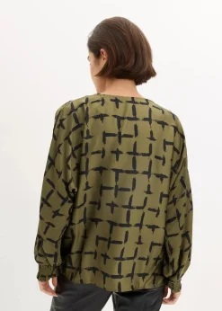 bonprix Blusen & Tuniken|Bekleidung·Jacken & Mäntel^Tunikabluse mit Fledermausärmeln dunkeloliv/schwarz bedruckt