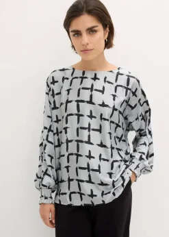 bonprix Bekleidung·Jacken & Mäntel|Blusen & Tuniken^Tunikabluse mit Fledermausärmeln silbergrau/schwarz bedruckt