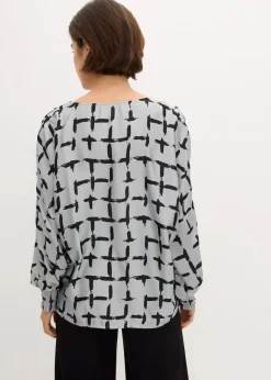 bonprix Bekleidung·Jacken & Mäntel|Blusen & Tuniken^Tunikabluse mit Fledermausärmeln silbergrau/schwarz bedruckt