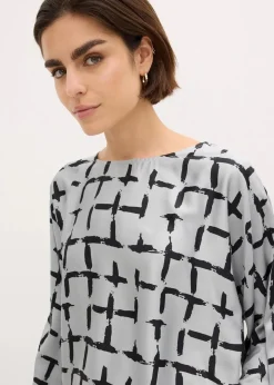 bonprix Bekleidung·Jacken & Mäntel|Blusen & Tuniken^Tunikabluse mit Fledermausärmeln silbergrau/schwarz bedruckt