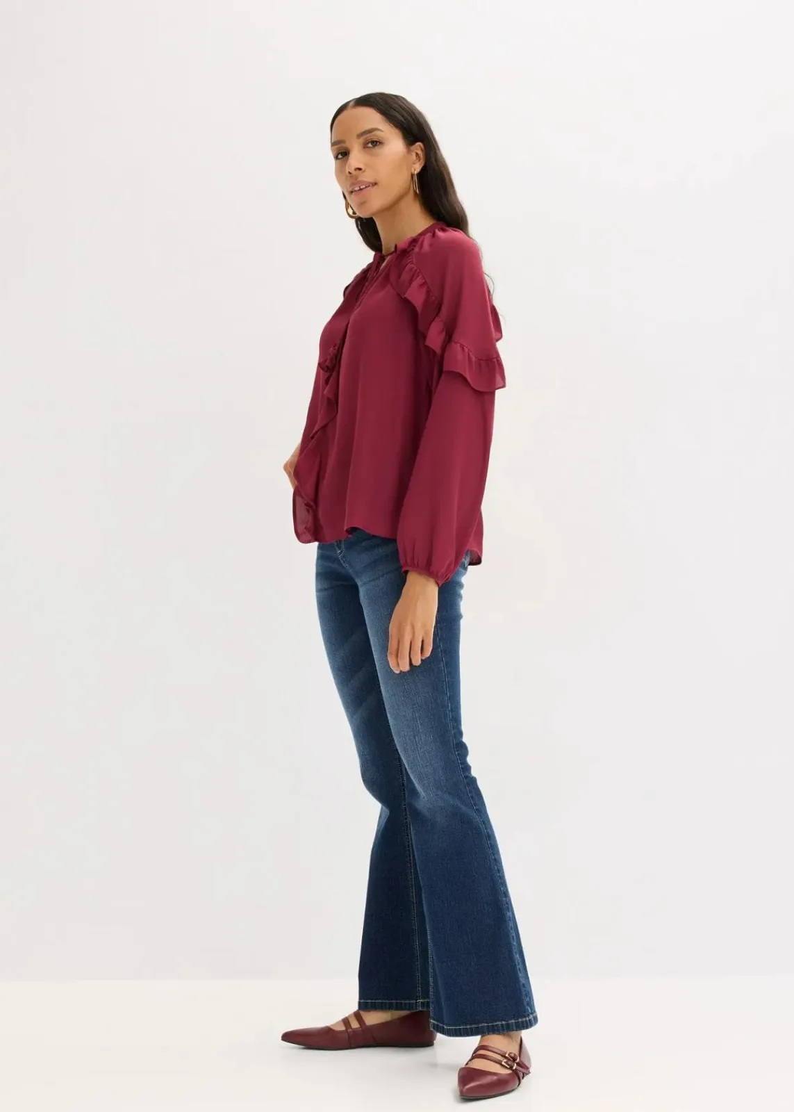 bonprix Bekleidung·Jacken & Mäntel|Blusen & Tuniken^Tunikabluse mit Volants rhododendronrot