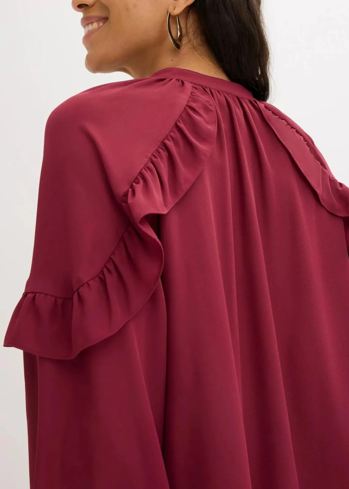 bonprix Bekleidung·Jacken & Mäntel|Blusen & Tuniken^Tunikabluse mit Volants rhododendronrot