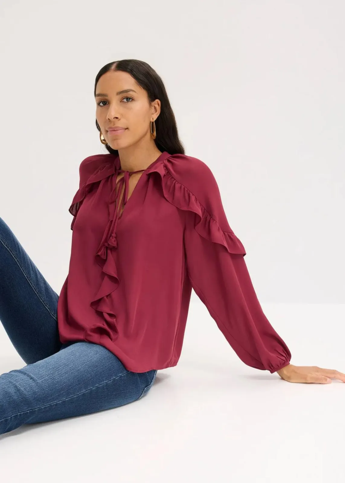 bonprix Bekleidung·Jacken & Mäntel|Blusen & Tuniken^Tunikabluse mit Volants rhododendronrot