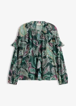 bonprix Bekleidung·Jacken & Mäntel|Blusen & Tuniken^Tunikabluse mit Volants tiefgrün paisley