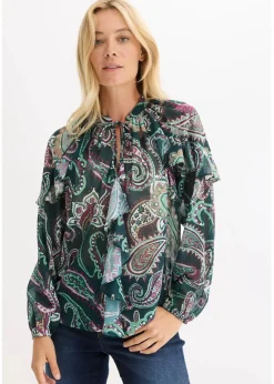 bonprix Bekleidung·Jacken & Mäntel|Blusen & Tuniken^Tunikabluse mit Volants tiefgrün paisley
