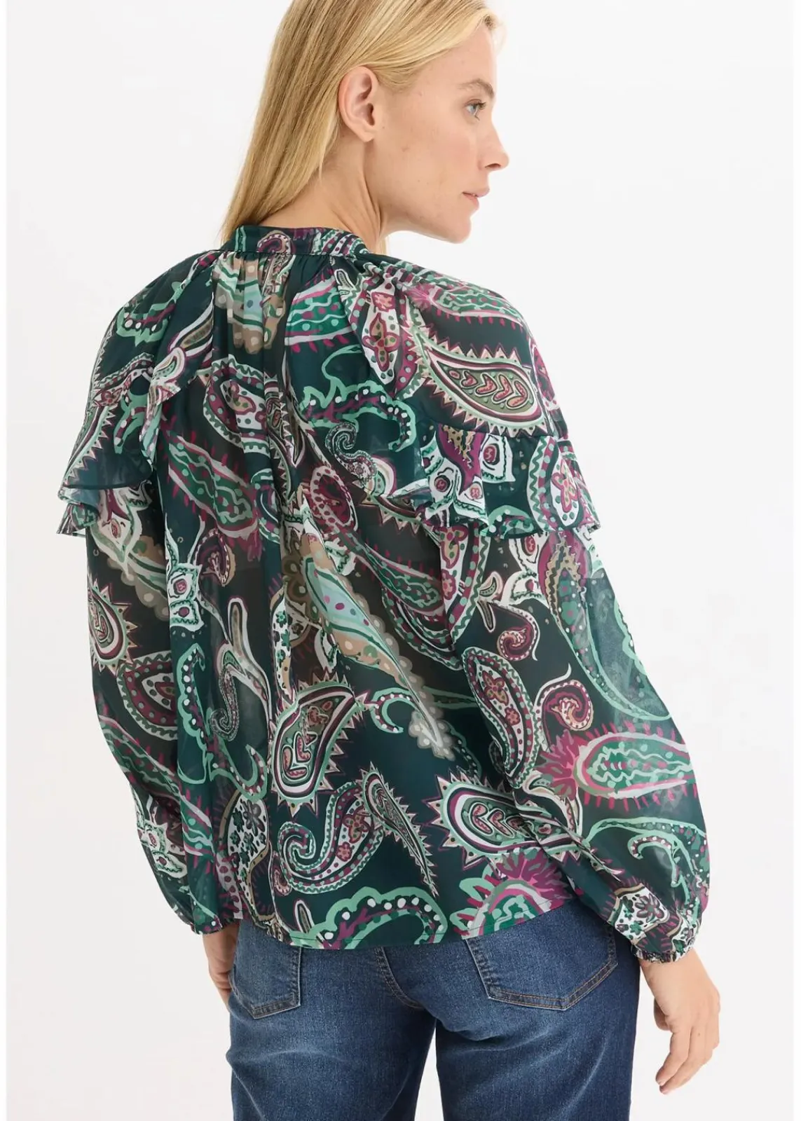 bonprix Bekleidung·Jacken & Mäntel|Blusen & Tuniken^Tunikabluse mit Volants tiefgrün paisley
