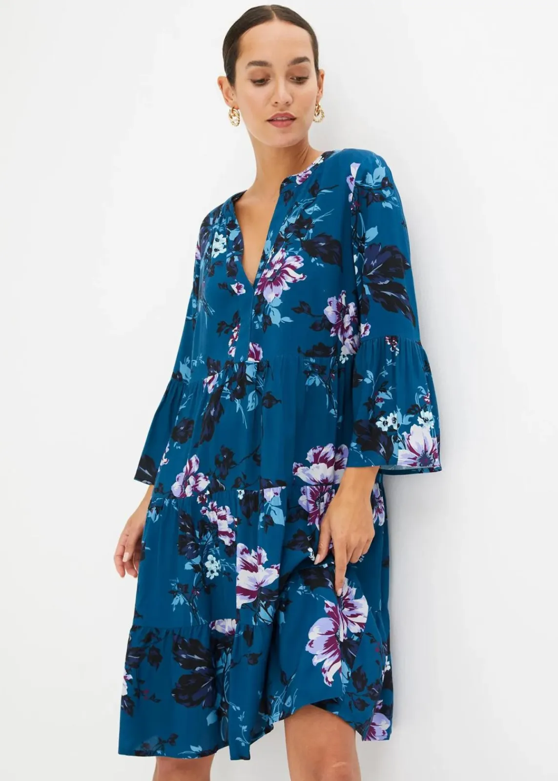 bonprix Kleider|Bekleidung·Pullover & Strickjacken^Tunika-Kleid blau floral