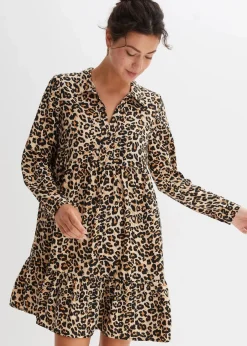 bonprix Bekleidung·Pullover & Strickjacken|Nachhaltigere Materialien^Tunika-Kleid kreidebeige/braun leo bedruckt
