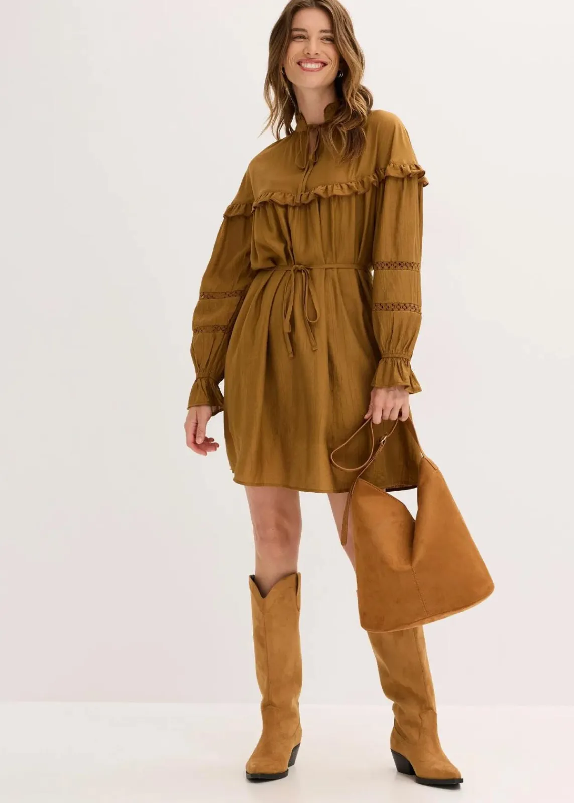 bonprix Bekleidung·Pullover & Strickjacken|Kleider^Tunika-Kleid aus feinem Viskose-Mix cognac braun