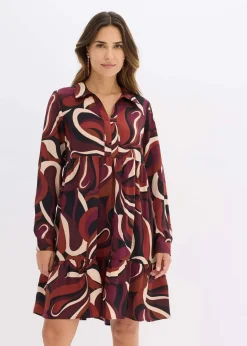 bonprix Bekleidung·Pullover & Strickjacken|Kleider^Tunika-Kleid aus fließendem Satin weinrot/mattbeige bedruckt