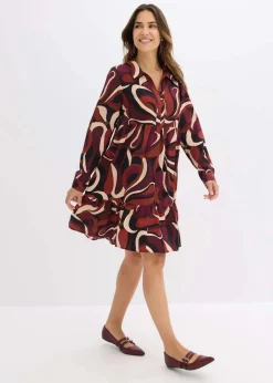 bonprix Bekleidung·Pullover & Strickjacken|Kleider^Tunika-Kleid aus fließendem Satin weinrot/mattbeige bedruckt