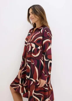 bonprix Bekleidung·Pullover & Strickjacken|Kleider^Tunika-Kleid aus fließendem Satin weinrot/mattbeige bedruckt