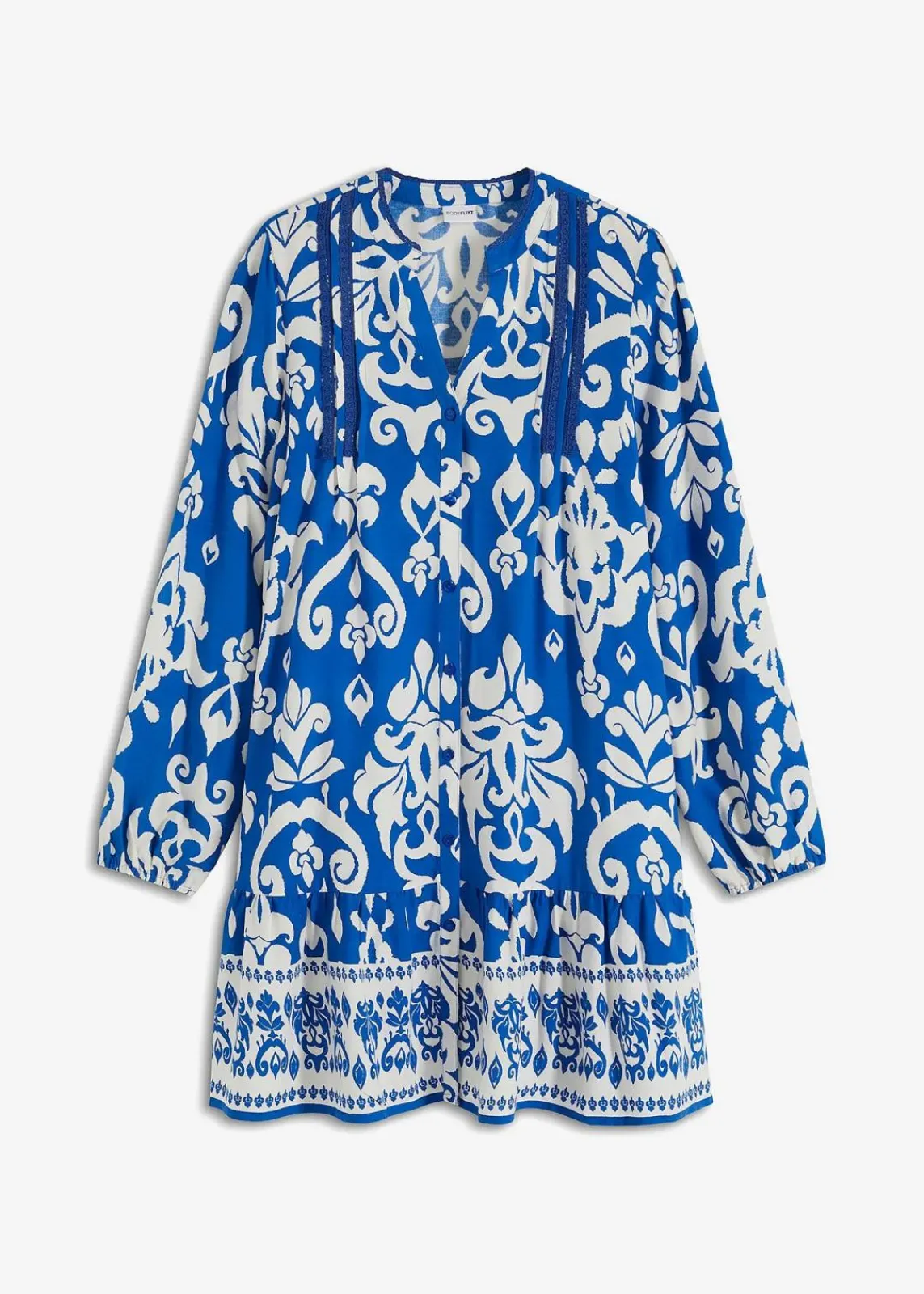 bonprix Nachhaltigere Materialien|Kleider^Tunika-Kleid aus fließender Viskose azurblau/weiß graphisch bedruckt