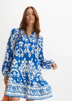 bonprix Nachhaltigere Materialien|Kleider^Tunika-Kleid aus fließender Viskose azurblau/weiß graphisch bedruckt