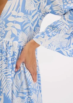 bonprix Bekleidung·Pullover & Strickjacken|Kleider^Tunika-Kleid aus fließender Viskose mittelblau/weiß floral