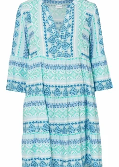 bonprix Bekleidung·Pullover & Strickjacken|Kleider^Tunika-Kleid aus fließender Viskose mittelmeerblau/wollweiß bedruckt