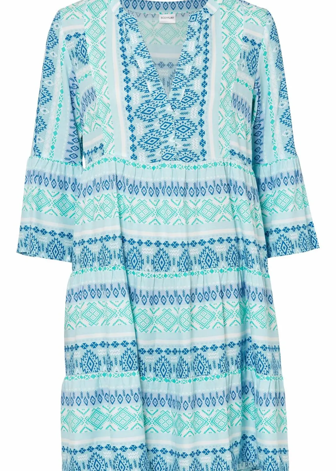 bonprix Bekleidung·Pullover & Strickjacken|Kleider^Tunika-Kleid aus fließender Viskose mittelmeerblau/wollweiß bedruckt