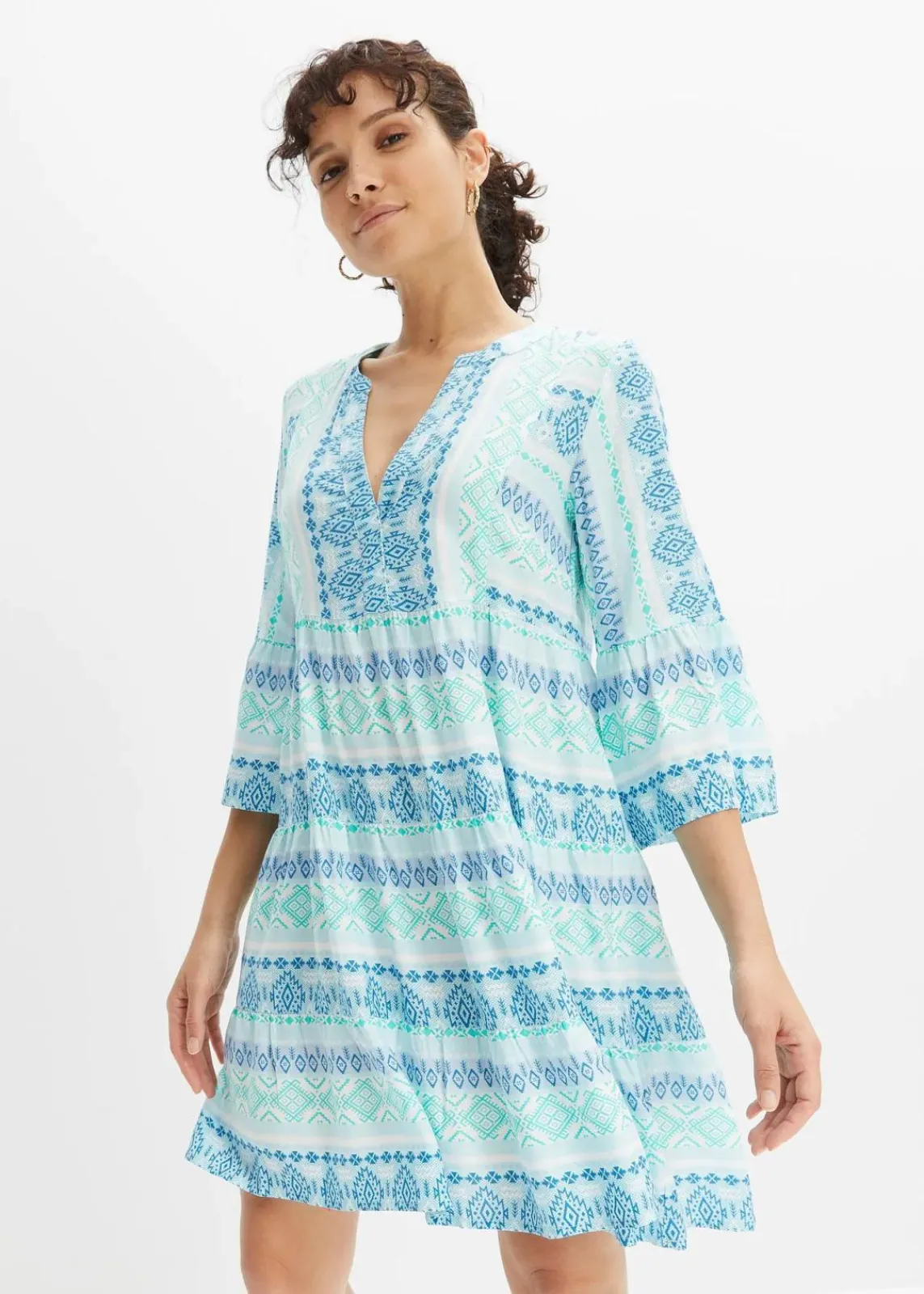 bonprix Bekleidung·Pullover & Strickjacken|Kleider^Tunika-Kleid aus fließender Viskose mittelmeerblau/wollweiß bedruckt