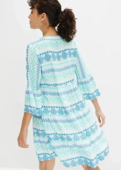 bonprix Bekleidung·Pullover & Strickjacken|Kleider^Tunika-Kleid aus fließender Viskose mittelmeerblau/wollweiß bedruckt