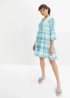 bonprix Bekleidung·Pullover & Strickjacken|Kleider^Tunika-Kleid aus fließender Viskose mittelmeerblau/wollweiß bedruckt