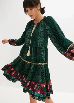 bonprix Bekleidung·Pullover & Strickjacken|Nachhaltigere Materialien^Tunika-Kleid aus fließender Viskose dunkelgrün leo bedruckt