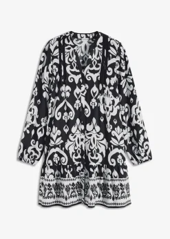bonprix Bekleidung·Pullover & Strickjacken|Kleider^Tunika-Kleid aus fließender Viskose schwarz/weiß graphisch bedruckt