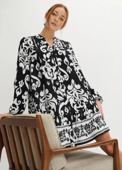bonprix Bekleidung·Pullover & Strickjacken|Kleider^Tunika-Kleid aus fließender Viskose schwarz/weiß graphisch bedruckt