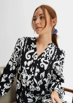 bonprix Bekleidung·Pullover & Strickjacken|Kleider^Tunika-Kleid aus fließender Viskose schwarz/weiß graphisch bedruckt