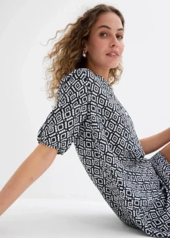 bonprix Kleider|Bekleidung·Pullover & Strickjacken^Tunika-Kleid aus fließender Viskose schwarz/wollweiß bedruckt