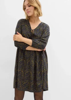 bonprix Kleider|Bekleidung·Pullover & Strickjacken^Tunika-Kleid aus fließender Vikose dunkelblau/lemoncurry bedruckt