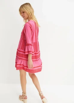 bonprix Bekleidung·Pullover & Strickjacken|Kleider^Tunika-Kleid aus fließender Viskose rot/pink gemustert