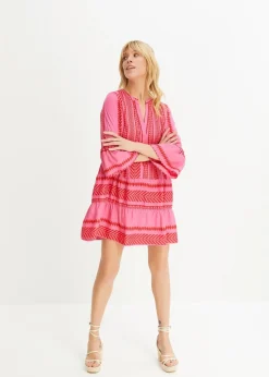 bonprix Bekleidung·Pullover & Strickjacken|Kleider^Tunika-Kleid aus fließender Viskose rot/pink gemustert