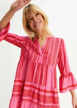 bonprix Bekleidung·Pullover & Strickjacken|Kleider^Tunika-Kleid aus fließender Viskose rot/pink gemustert