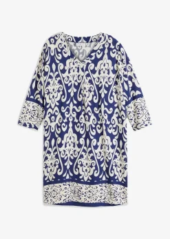 bonprix Bekleidung·Pullover & Strickjacken|Kleider^Tunika-Kleid aus fließender Viskose dunkelblau/creme bedruckt