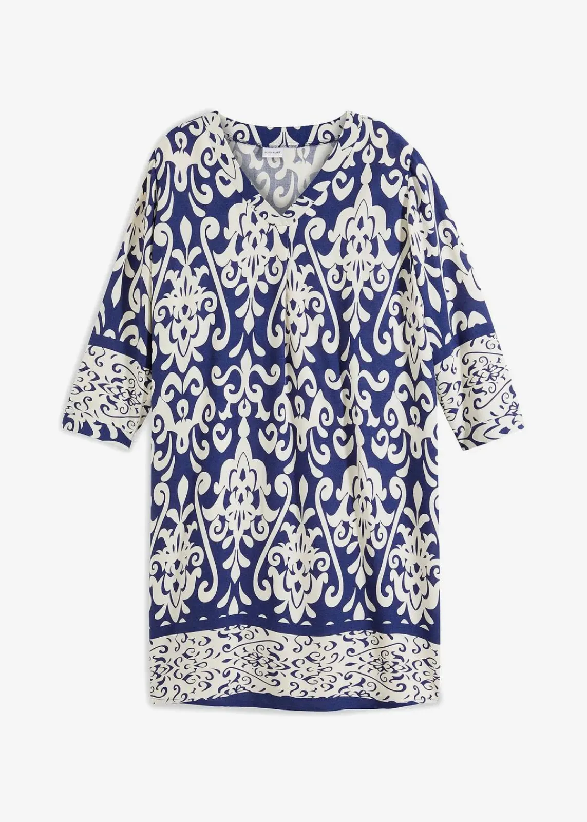 bonprix Bekleidung·Pullover & Strickjacken|Kleider^Tunika-Kleid aus fließender Viskose dunkelblau/creme bedruckt