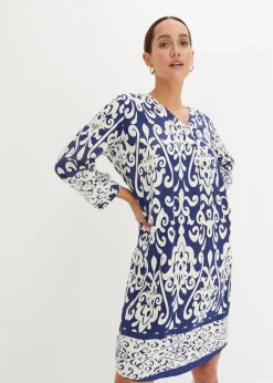 bonprix Bekleidung·Pullover & Strickjacken|Kleider^Tunika-Kleid aus fließender Viskose dunkelblau/creme bedruckt
