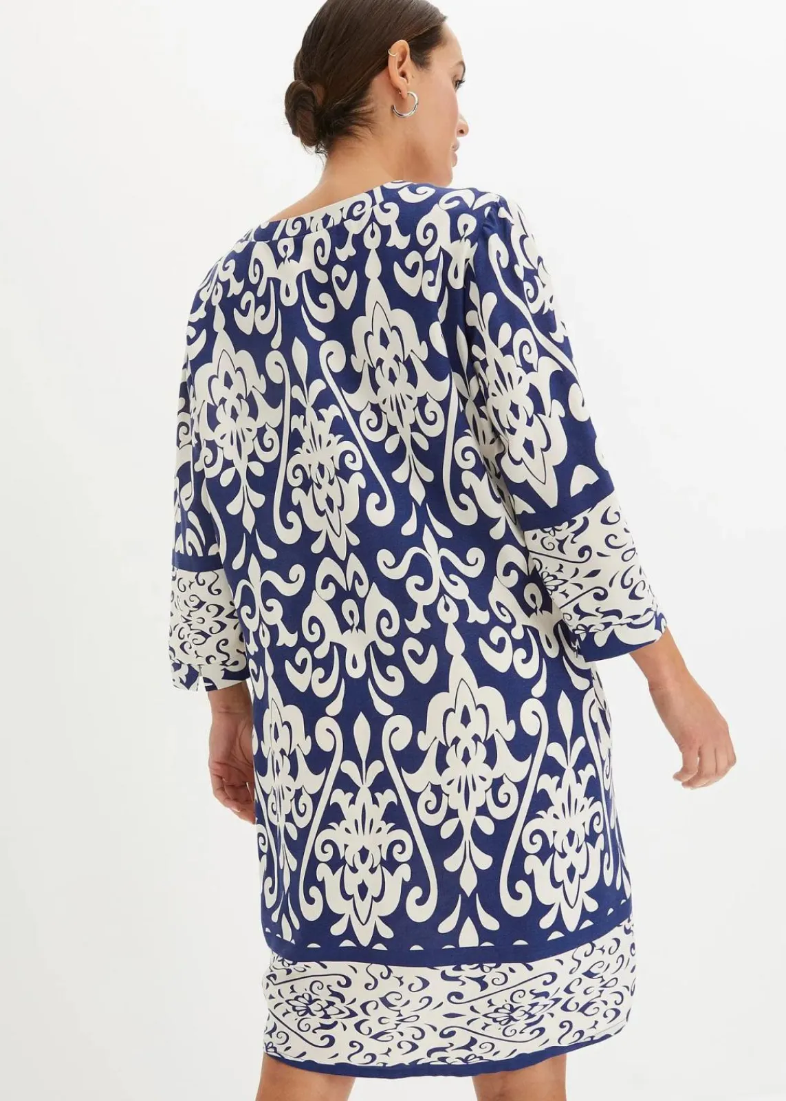 bonprix Bekleidung·Pullover & Strickjacken|Kleider^Tunika-Kleid aus fließender Viskose dunkelblau/creme bedruckt
