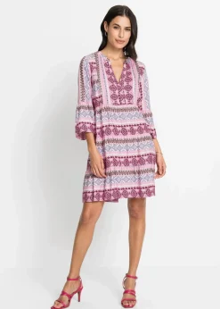 bonprix Nachhaltigere Materialien|Kleider^Tunika-Kleid aus fließender Viskose rosa / weiß / helllila bedruckt