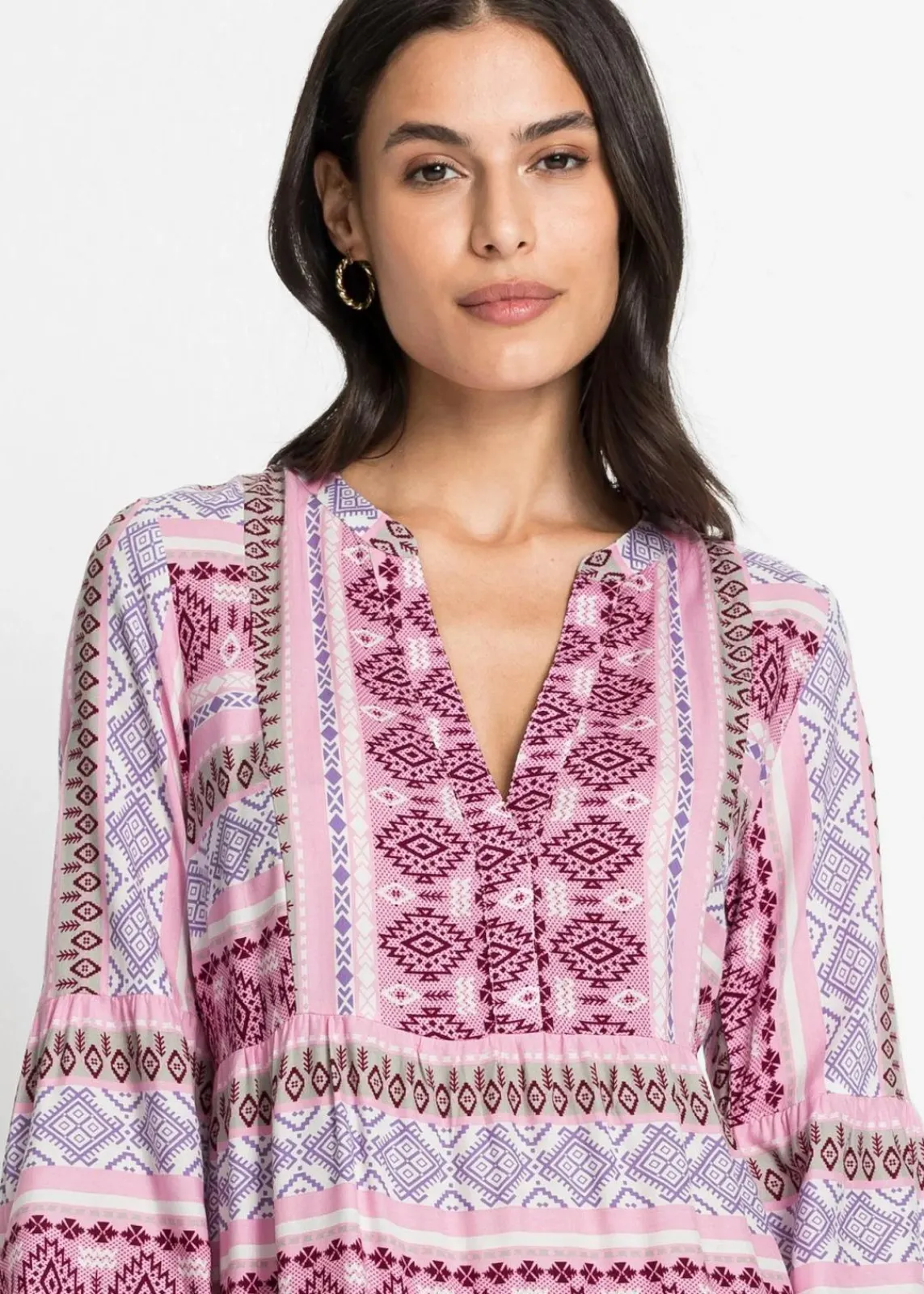 bonprix Nachhaltigere Materialien|Kleider^Tunika-Kleid aus fließender Viskose rosa / weiß / helllila bedruckt