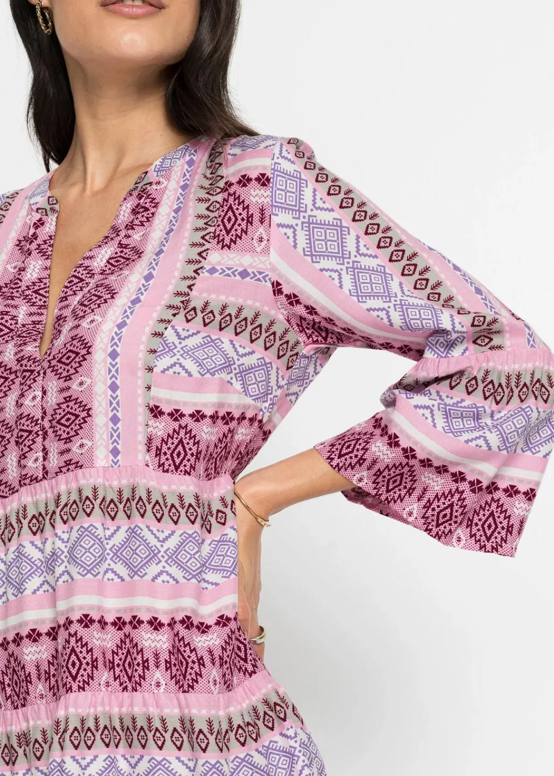 bonprix Nachhaltigere Materialien|Kleider^Tunika-Kleid aus fließender Viskose rosa / weiß / helllila bedruckt