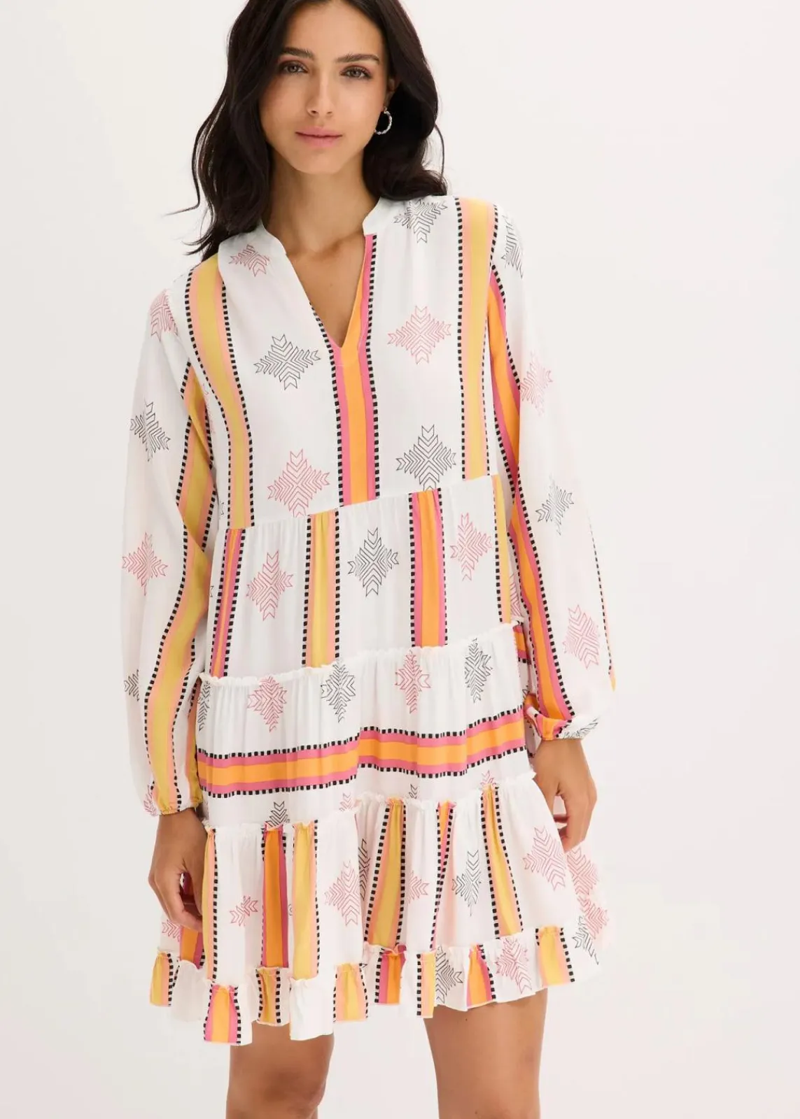 bonprix Bekleidung·Pullover & Strickjacken|Kleider^Tunika-Kleid aus fließender Viskose wollweiß/orange