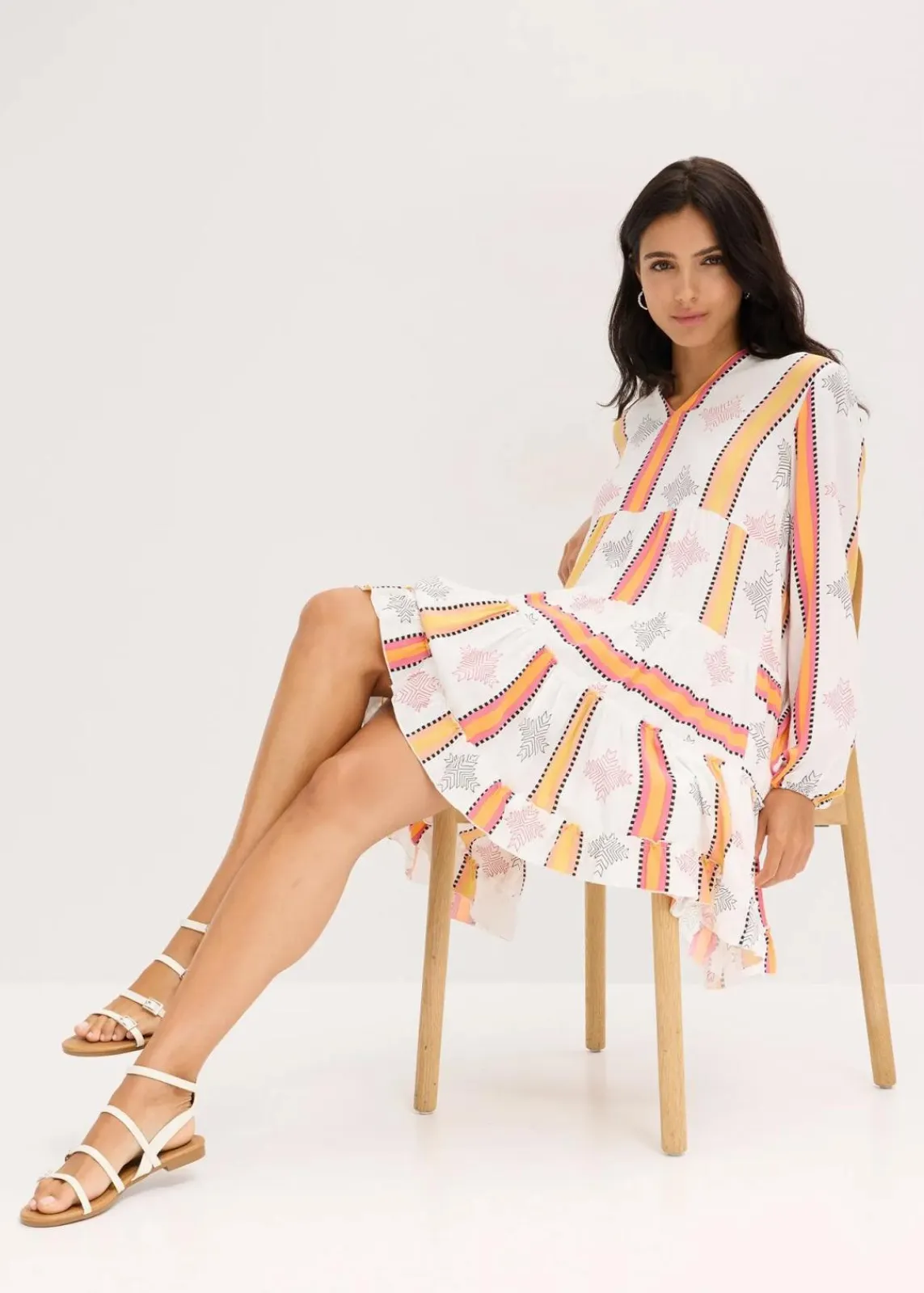 bonprix Bekleidung·Pullover & Strickjacken|Kleider^Tunika-Kleid aus fließender Viskose wollweiß/orange