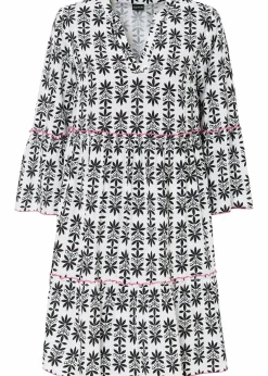 bonprix Bekleidung·Pullover & Strickjacken|Kleider^Tunika-Kleid aus fließender Viskose wollweiß/neonpink/schwarz bedruckt