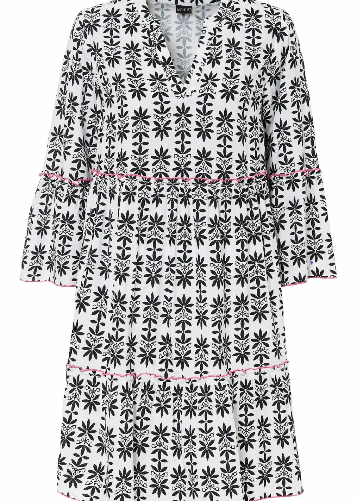 bonprix Bekleidung·Pullover & Strickjacken|Kleider^Tunika-Kleid aus fließender Viskose wollweiß/neonpink/schwarz bedruckt