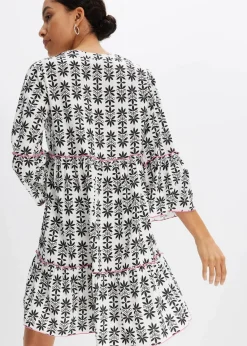bonprix Bekleidung·Pullover & Strickjacken|Kleider^Tunika-Kleid aus fließender Viskose wollweiß/neonpink/schwarz bedruckt