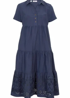 bonprix Kleider|Bekleidung·Pullover & Strickjacken^Tunika-Kleid aus reiner Baumwolle mit Lochstickerei dunkelblau