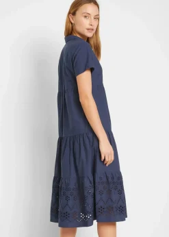 bonprix Kleider|Bekleidung·Pullover & Strickjacken^Tunika-Kleid aus reiner Baumwolle mit Lochstickerei dunkelblau